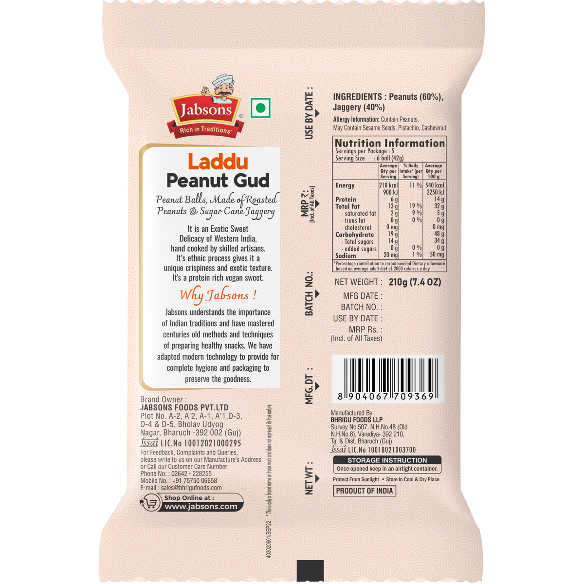 Jabsons Laddu Peanuts Gud (Less Sweet) - 200g
