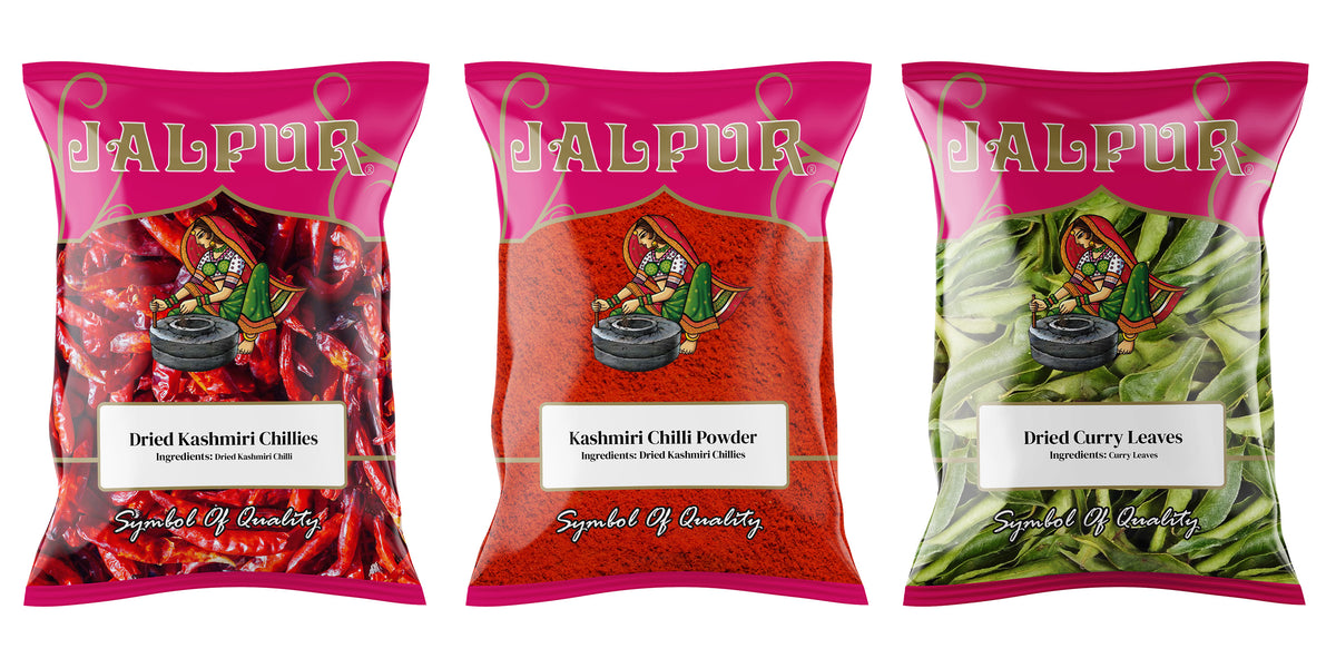 Jalpur Millers Spice Combo Pack - Dried Kashmiri Chillies 50g - Kashmiri Chilli Powder 100g - Dried Curry Leaves 50g (3 Pack)
