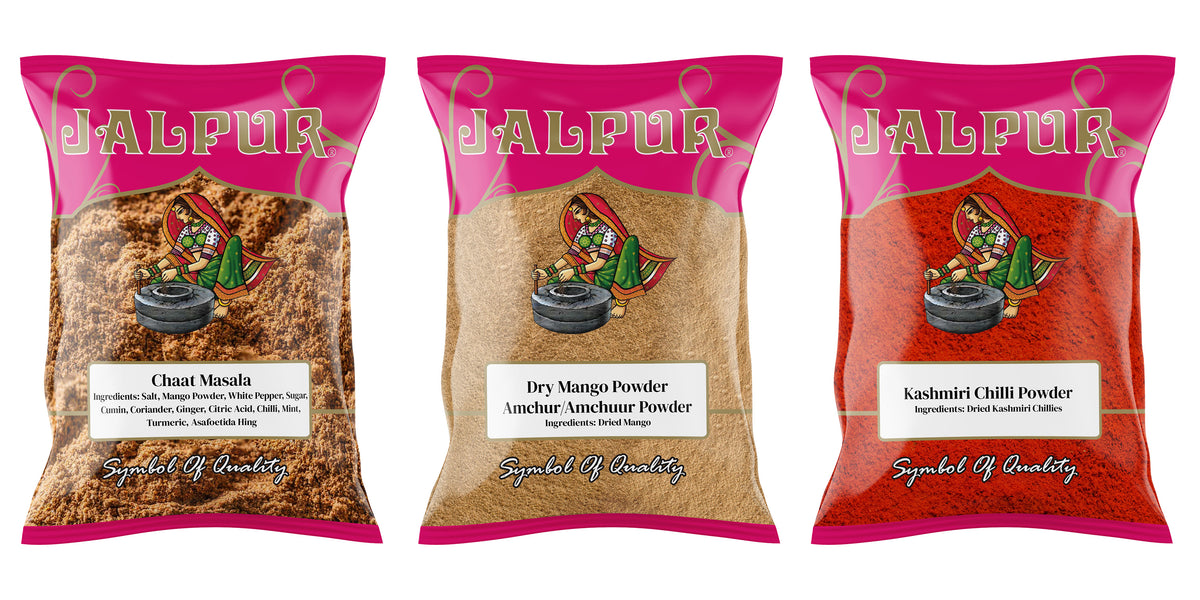 Jalpur Millers Spice Combo Pack - Chaat Masala 100g - Dry Mango Powder 100g - Kashmiri Chilli Powder 100g (3 Pack)