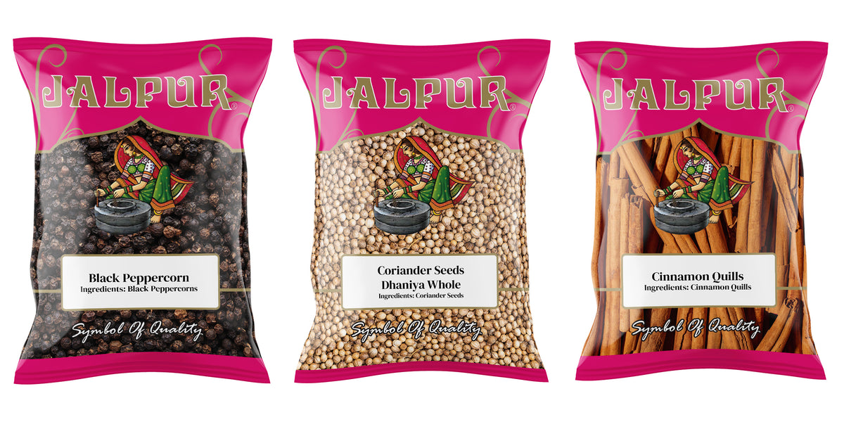 Jalpur Millers Spice Combo Pack - Black Peppercorns 100g - Coriander Seeds 100g - Cinnamon Quills 100g (3 Pack)