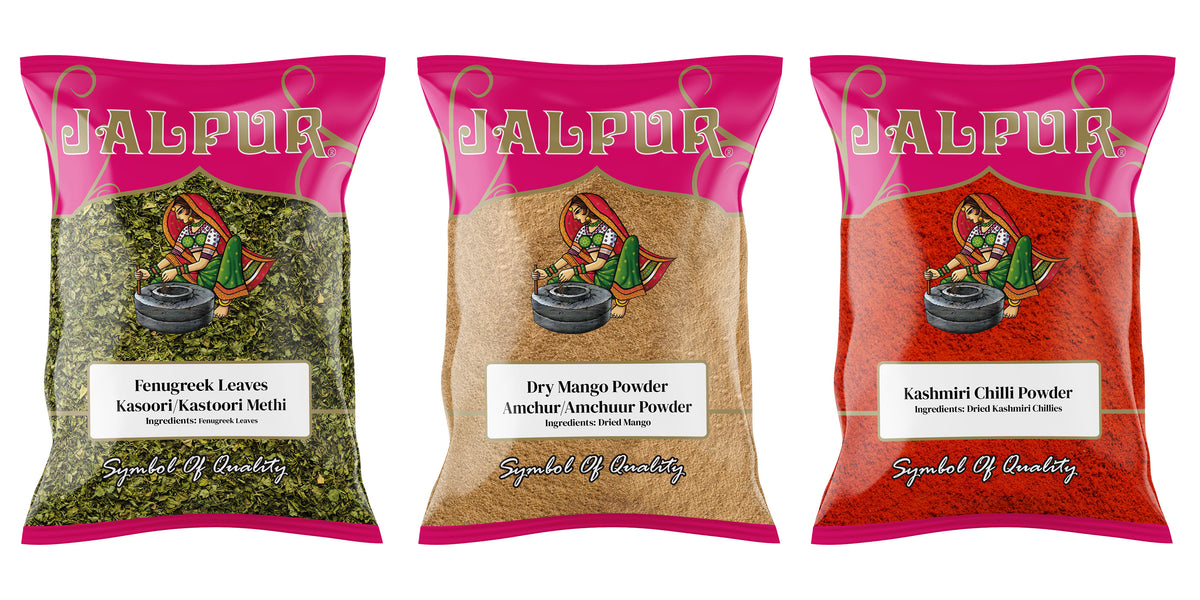 Jalpur Millers Spice Combo Pack - Dried Fenugreek Leaves 50g - Dried Mango Powder 100g - Kashmiri Chilli Powder 100g (3 Pack)