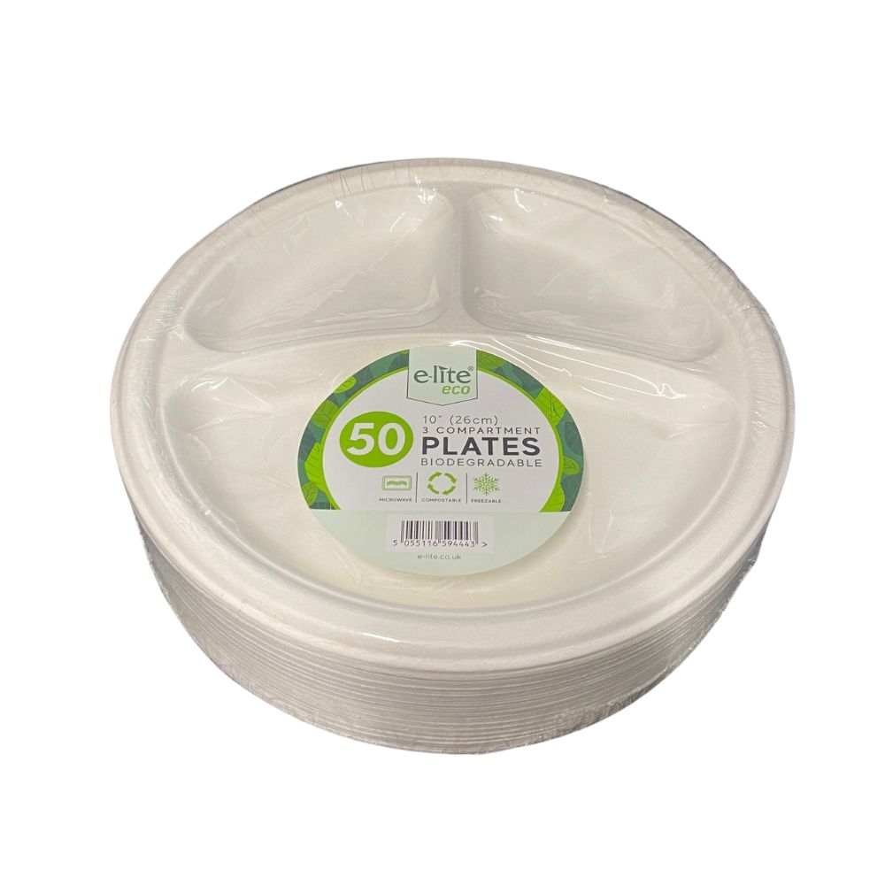 E-Lite 10'' Inch 3 Compartment Bagasse Plates - 50 Pack_1
