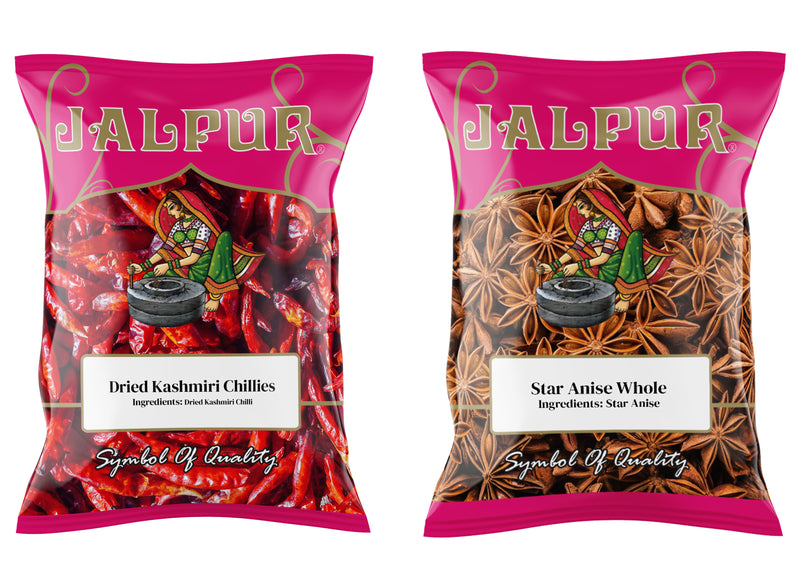 Jalpur Millers Spice Combo Pack - Dried Kashmiri Chillies 100g - Star Anise 100g (2 Pack)