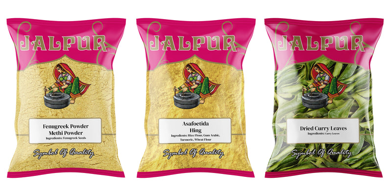 Jalpur Millers Spice Combo Pack - Fenugreek Powder 100g - Asafoetida 50g - Dried Curry Leaves 50g (3 Pack)