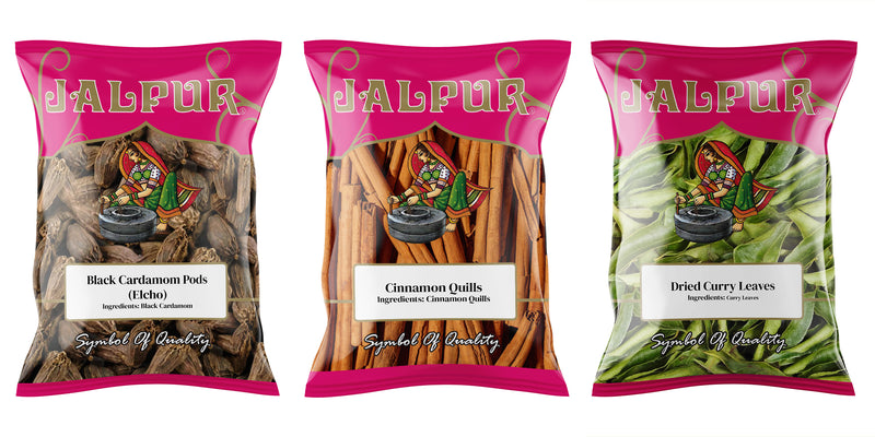 Jalpur Millers Spice Combo Pack - Black Cardamom Pods 100g - Cinnamon Quills 100g - Dried Curry Leaves 50g (3 Pack)