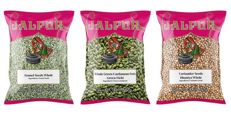 Jalpur Millers Spice Combo Pack - Fennel Seeds 100g - Green Cardamom Pods 100g - Coriander Seeds 100g (3 Pack)