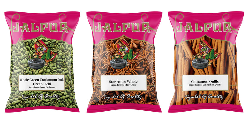 Jalpur Millers Spice Combo Pack - Green Cardamom Pods 50g - Star Anise 100g - Cinnamon Quills 100g (3 Pack)