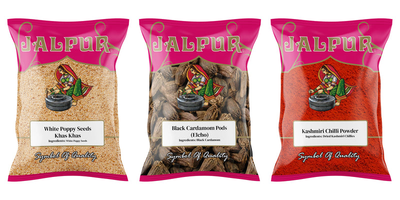 Jalpur Millers Spice Combo Pack - White Poppy Seeds 100g - Black Cardamom Pods 50g - Kashmiri Chilli Powder 100g (3 Pack)