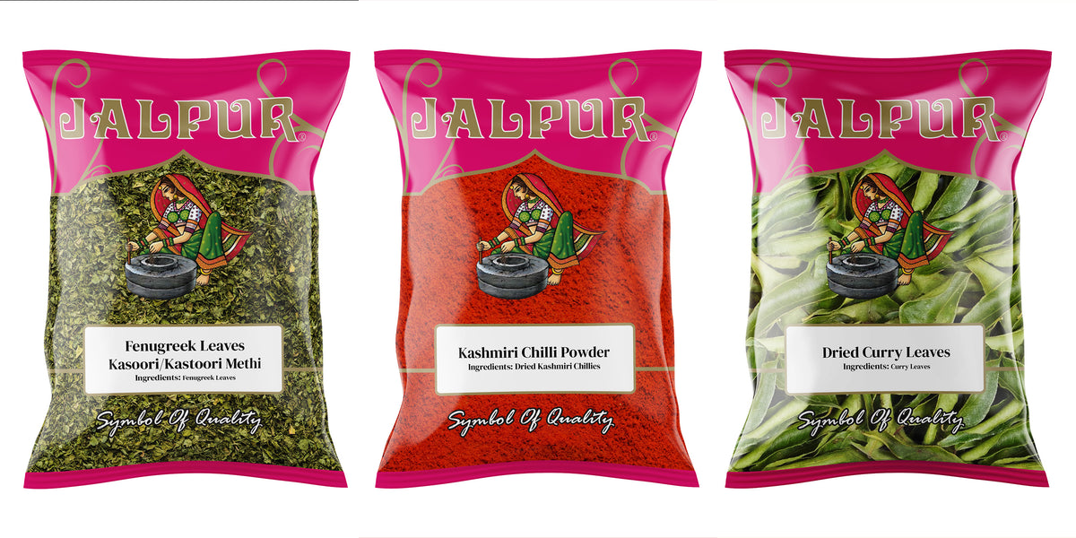 Jalpur Miller Spice Combo Pack - Dried Fenugreek Leaves 100g - Kashmiri Chilli Powder 100g - Dried Curry Leaves 50g (3 Pack)