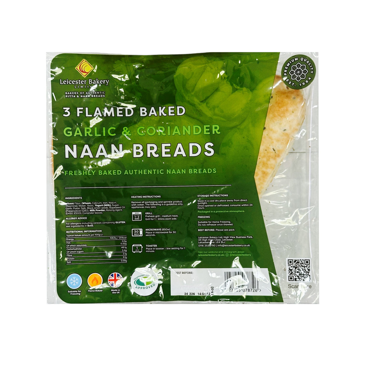 Leicester Bakery - 3 Flamed Baked Garlic & Coriander Naan Breads_1