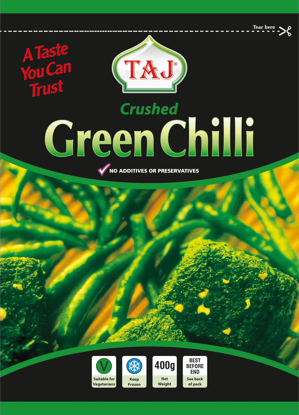 Taj - Frozen Crushed Green Chilli - 400g - Jalpur Millers Online