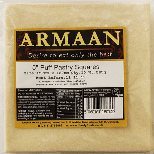 Armaan - Frozen 5 Inch Puff Pastry Squares - (127mm x 127mm) - 585g - Jalpur Millers Online